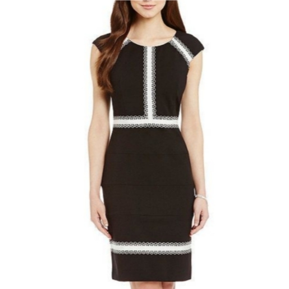 ANTONIO MELANI Black Midi Sheath Dress with White Lace Trim